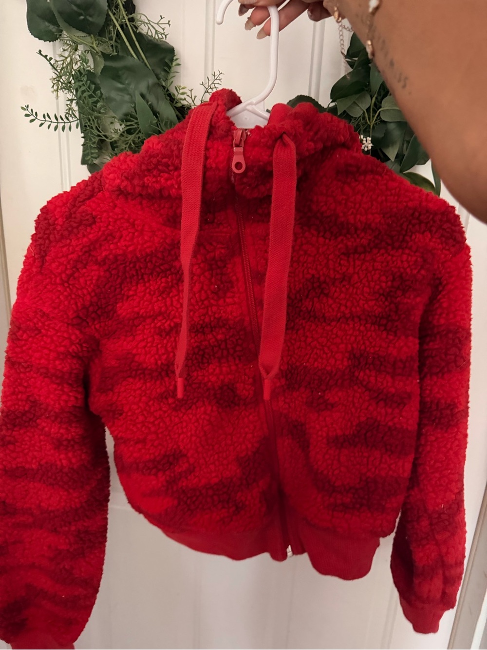 aerie Red Sherpa Hooded Puffer Jacket